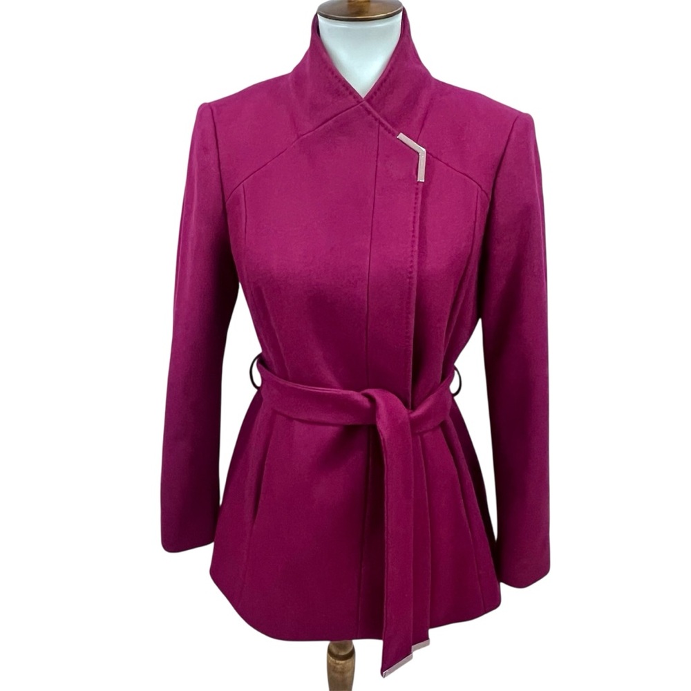 NWOT Ted Baker Magenta Berry Asymmetrical Wrap Drytaa Belted Wool Cashmere Coat